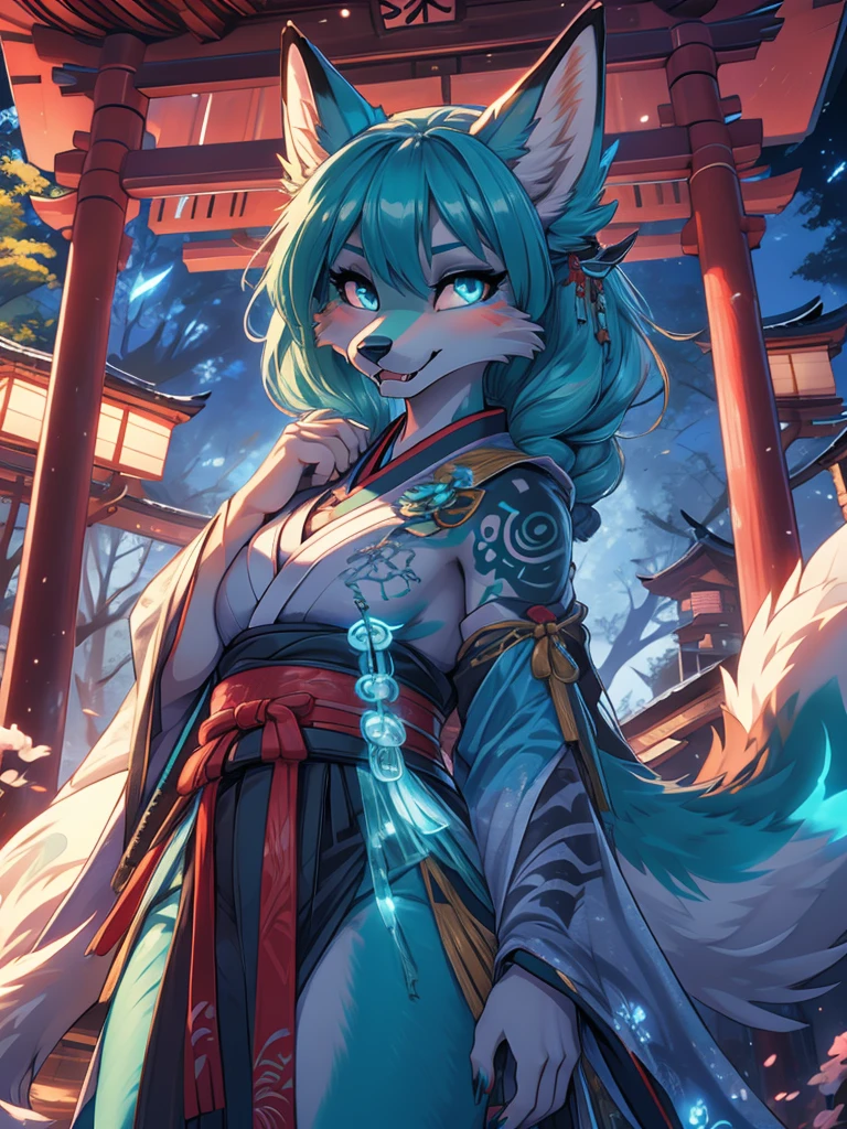 Miku Hatsune x vixen high definition good anatomy add_detail:1, blue fur,kitsune ears, tribal tattoo add_detail:1, cute girl add_detail:1, feudal priestess clothing add_detail:1, japanese shrine landscape add_detail:1, japanese shrine costume add_detail:1, add_detail:1, fullbody descalza add_detail, highly detailed face, deep aqua iris add_detail:1 lighting eyes add_detail:3, wolf claws, sharp fangs add_detail:1, wild slut add_detail:1, aura of resplendent light add_detail:3