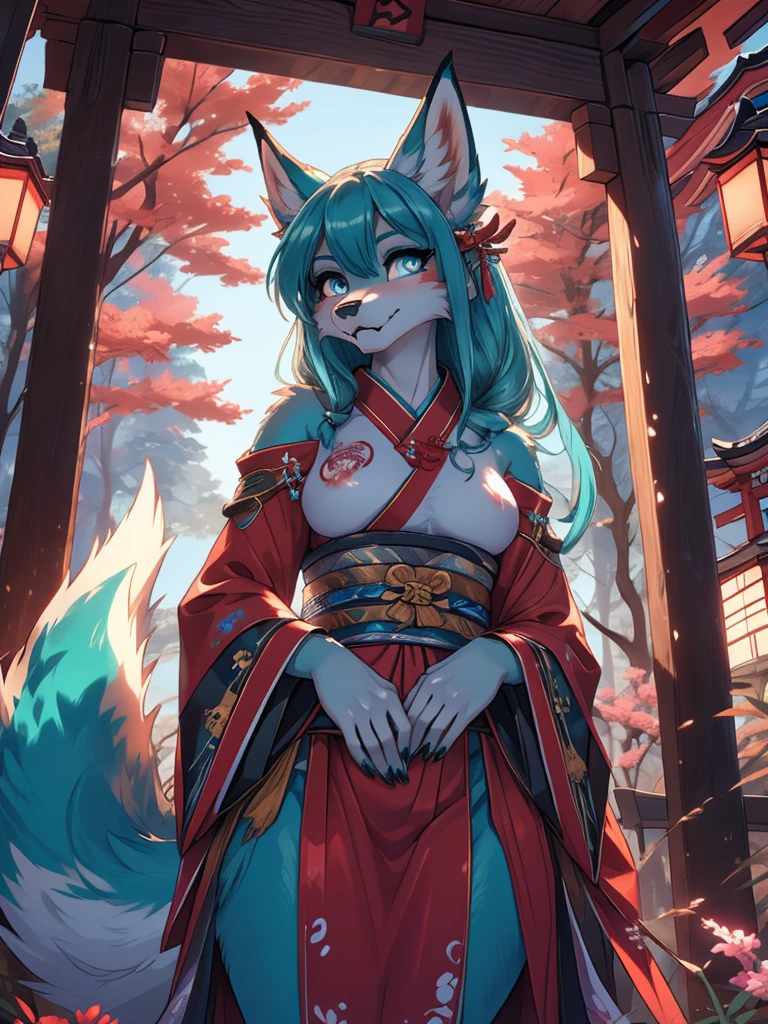 Miku Hatsune x vixen high definition good anatomy add_detail:1, blue fur,kitsune ears, tribal tattoo add_detail:1, cute girl add_detail:1, feudal priestess clothing add_detail:1, japanese shrine landscape add_detail:1, japanese shrine costume add_detail:1, add_detail:1, fullbody  descalza add_detail, highly detailed face, deep aqua iris add_detail:1 lighting eyes add_detail:3, wolf claws, sharp fangs add_detail:1, wild slut add_detail:1, aura of resplendent light add_detail:3