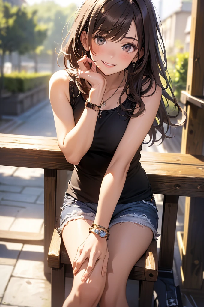 (masterpiece, best quality, ultra-detailed, highres, 4k),(beautiful detailed eyes),(very detailed face),(1girl),HDR,long hair, shorts, phone, brown eyes, brown hair, cellphone, bracelet, tank top, jewelry, watch, lips, solo focus, nail polish, blurry background, smile, wristwatch, realistic, blurry, looking at viewer