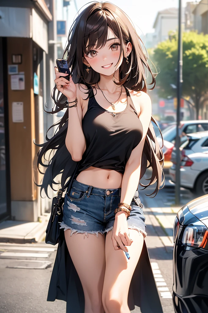 (masterpiece, best quality, ultra-detailed, highres, 4k),(beautiful detailed eyes),(very detailed face),(1girl),HDR,long hair, shorts, phone, brown eyes, brown hair, cellphone, bracelet, tank top, jewelry, watch, lips, solo focus, nail polish, blurry background, smile, wristwatch, realistic, blurry, looking at viewer
