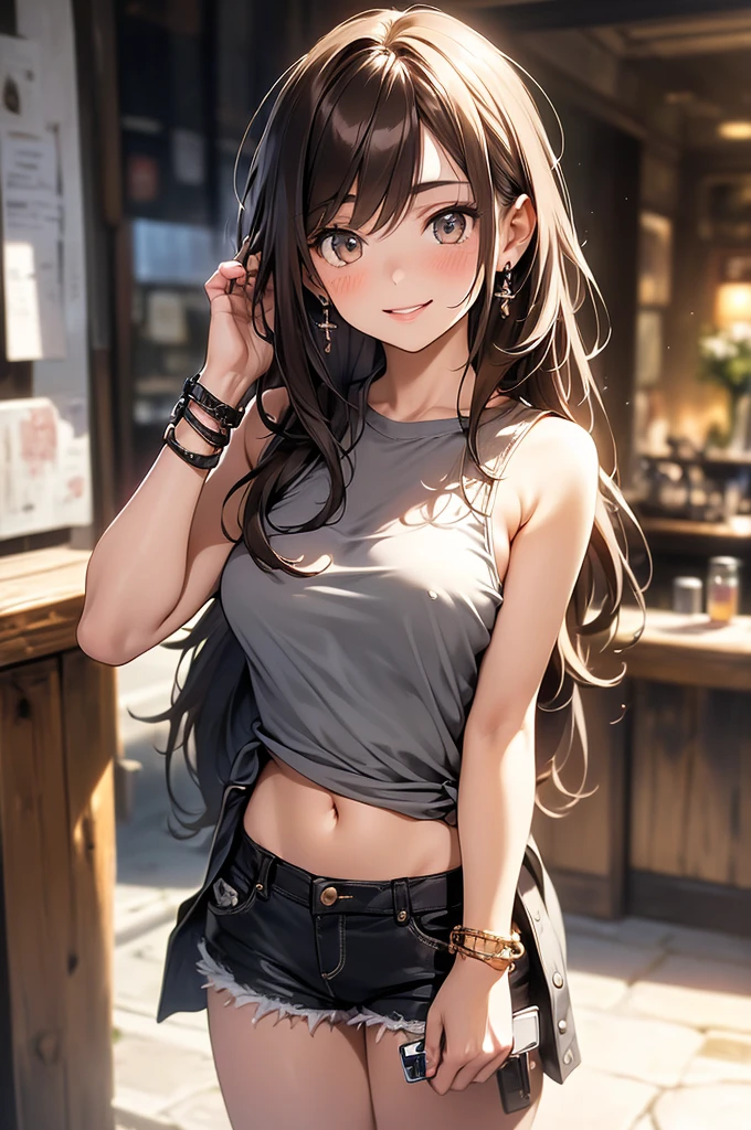 (masterpiece, best quality, ultra-detailed, highres, 4k),(beautiful detailed eyes),(very detailed face),(1girl),HDR,long hair, shorts, phone, brown eyes, brown hair, cellphone, bracelet, tank top, jewelry, watch, lips, solo focus, nail polish, blurry background, smile, wristwatch, realistic, blurry, looking at viewer