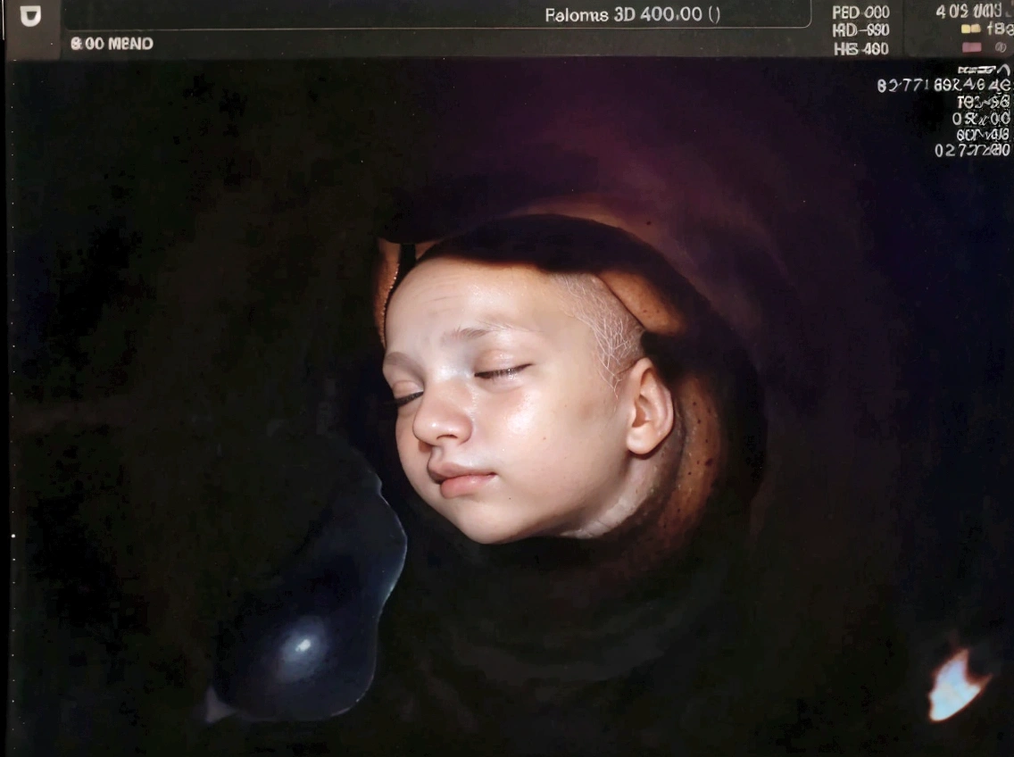 Enhance this 4D ultrasound image of a 32 weeks fetus. Arafed image of a baby's face, fetus, high-resolution scan, Very chromatic aberration, extremely high-quality scan, Hyper-realistic simulation, high-quality scan, Bump mapping, High-quality 3D realism, simetry! human fetus, Realistic flesh texture, Heavy JPEG artifact blurred, Highly realistic bump mapping, high-resolution scan. A close-up image of a head with an image of a 32 weeks fetus, high-resolution scan, high-resolution scan, Escaneo 4K, Escaneo 4K, Escaneo HD, fetus, Close - IP shot, Tapa de pantalla, Medical imaging, Highly coherent image, Detailed analysis, screen capture, extremely high-quality scan, 8K scan, 8K scan, Detailed screen capture. face in profile. eyes closed