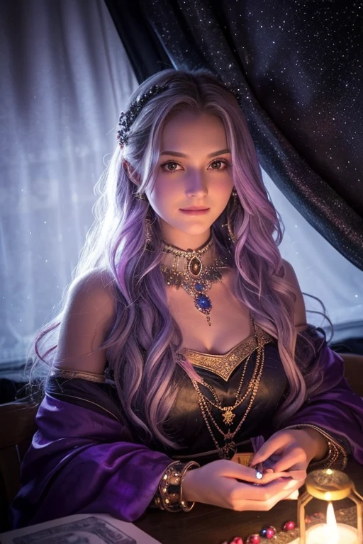 A beautiful, fantastically sparkling large crystal ball,Watching the audience、Frontal face、(masterpiece, Highest quality, Highest quality, Official Art, beautifully、aesthetic:1.2), (One girl:1.3), Wavy long hair, Light purple hair, Very detailed, Portraiture, View your viewers, alone, (whole body:0.6), detailed background, close, Glowing Eyes, (Cold arctic winter theme:1.1), fortune teller, Charlatan, Grin, mysterious, Sitting at the table, colorful shoulderless loose gypsy fortune teller clothes, holy grail, Tarot Cards, Crystal Ball, Medieval (Inside the tent:1.1) background, tent curtains in background, dark mysterious lighting, Shadow, Magical atmosphere, Starry Night,, Dutch Angle