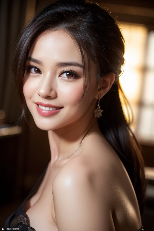 a gorgeous middle-aged busty woman, ponytail, beautiful smile showing teeth, pov, lover, cinematic lighting, (best quality,4k,8k,highres,masterpiece:1.2),ultra-detailed,(realistic,photorealistic,photo-realistic:1.37),HDR,UHD,studio lighting,ultra-fine painting,sharp focus,physically-based rendering,extreme detail description,professional,vivid colors,bokeh,portrait,photorealistic,cinematic,dramatic lighting