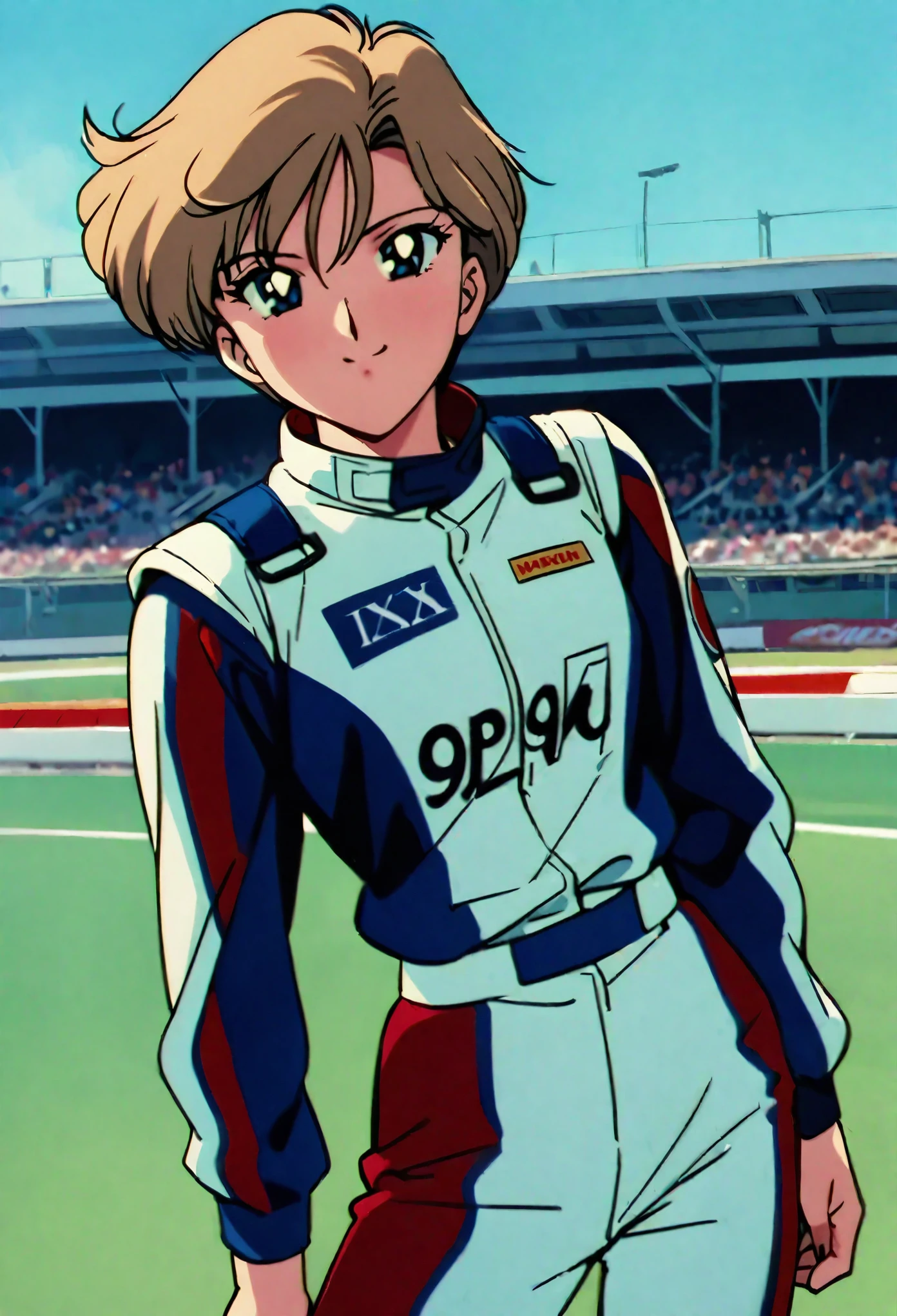 masterpiece,best quality,very aesthetic,absurdres,1990s \(style\),1girl,solo,Sailor Uranus XL,blue eyes,short hair,very short hair,blonde hair,flat chest,racing suit,velocidrome,outdoors,cowboy shot,naughty face,