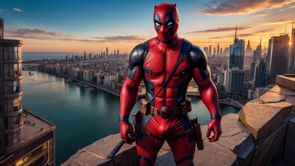 Marvel anti hero Deadpool, Muscular, nice abs and biceps, nice dick bulge, UHD HDR, full body shot in city background in Landscape mode,
