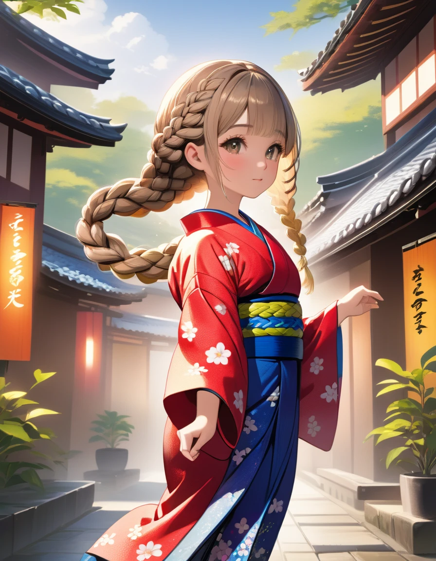 masterpiece, Highest quality, High resolution, Very detailed, 1 girl、alone、Medium Hair、Braiding、Colorful Hair,One side up,Parted bangs,Side Lock,Mini character、girl、Wearing a yukata、Dancing outside、