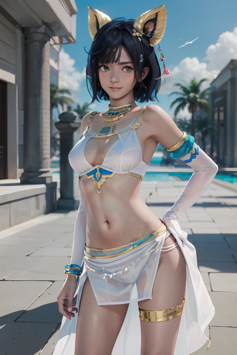 ((masterpiece,best quality)), absurd, Ramses_two,  dark skin, Solitary, Smile, Jewelry, Kaneko, Beach, short hair, 
Hips to one side, White mini skirt, Contrasting, Hips to one side, Hands on Hips, Dynamic poses, 
pyramid, pool, oasis, Kaneko theme, 
looking at the audience, Cowboy shooting,