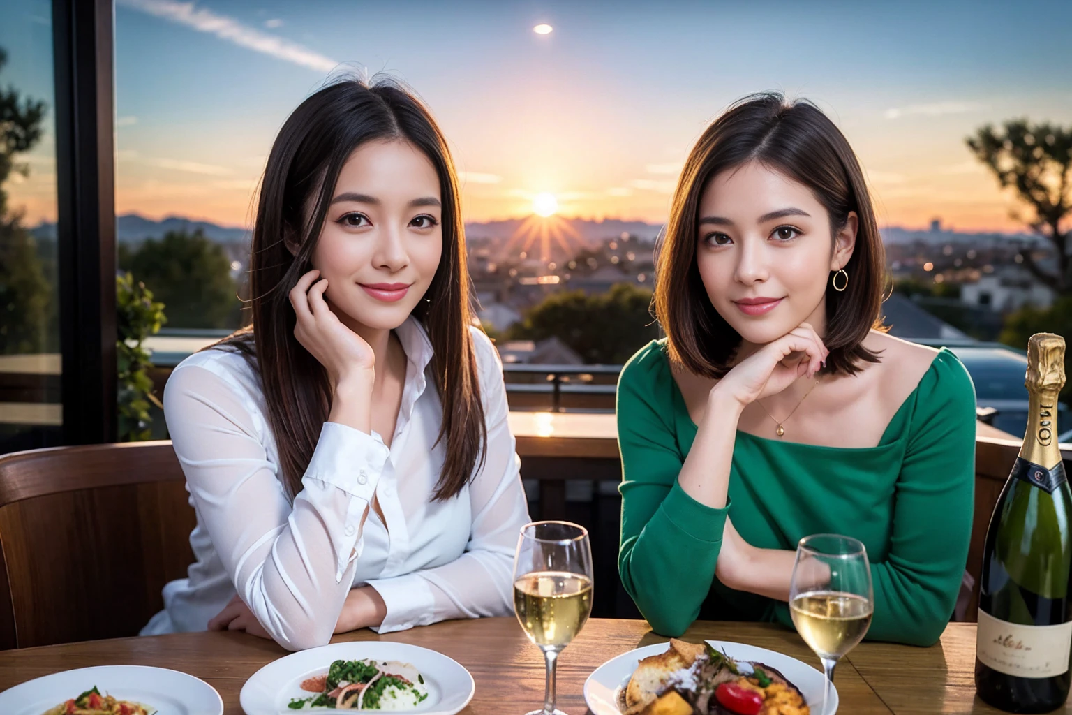 ((Highest quality、8K、masterpiece:1.3))、1 male 1 female、Slim Beauty、Beautiful couple、smile、full-course dinner、 (Slim face), (the body is スリム), (Brown Hair), (Shortcuts), ((Bob Hale、Straight hair:1.2)), テーブルの上のwine glass、Shine light on your face、 Amazing view of the sunset sky and clouds、smileの美しさ、Bright image、Blushing, Shortcuts, (Age 35), 39 years old, Appetizers、Italian food、Wine bottle、Champagne、sparkling wine、Long sleeve shirt、Green Dress、Attractive beauty、restaurant, Nova Frog Style, actress, model, Upper Body, White wine, red wine, wine glass, 