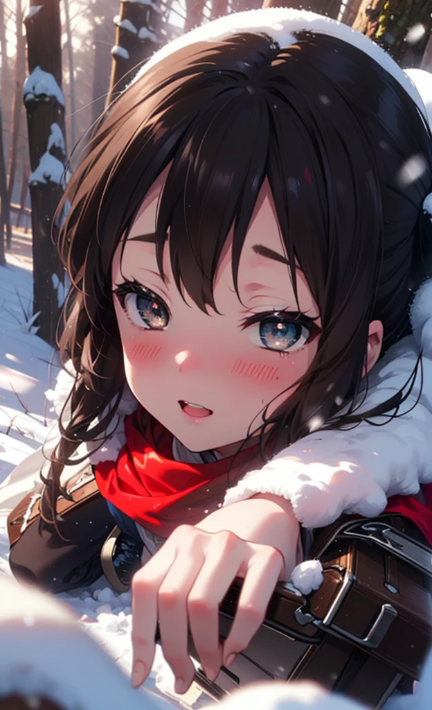 teeth, Azusa Nakano, Black Hair, (Brown eyes:1.5), Long Hair, ,Twin tails,smile,smile,blush,White Breath,
Open your mouth,snow,Ground bonfire,, Outdoor, boots, snowing, From the side, wood, suitcase, Cape, Blurred, , forest, White handbag, nature, Squat, Mouth closed, Cape, winter, Written boundary depth, Black shoes, red Cape break looking at viewer, Upper Body, whole body, break Outdoor, forest, nature, break (masterpiece:1.2), Highest quality, High resolution, unity 8k wallpaper, (shape:0.8), (Beautiful and beautiful eyes:1.6), Highly detailed face, Perfect lighting, Highly detailed CG, (Perfect hands, Perfect Anatomy),