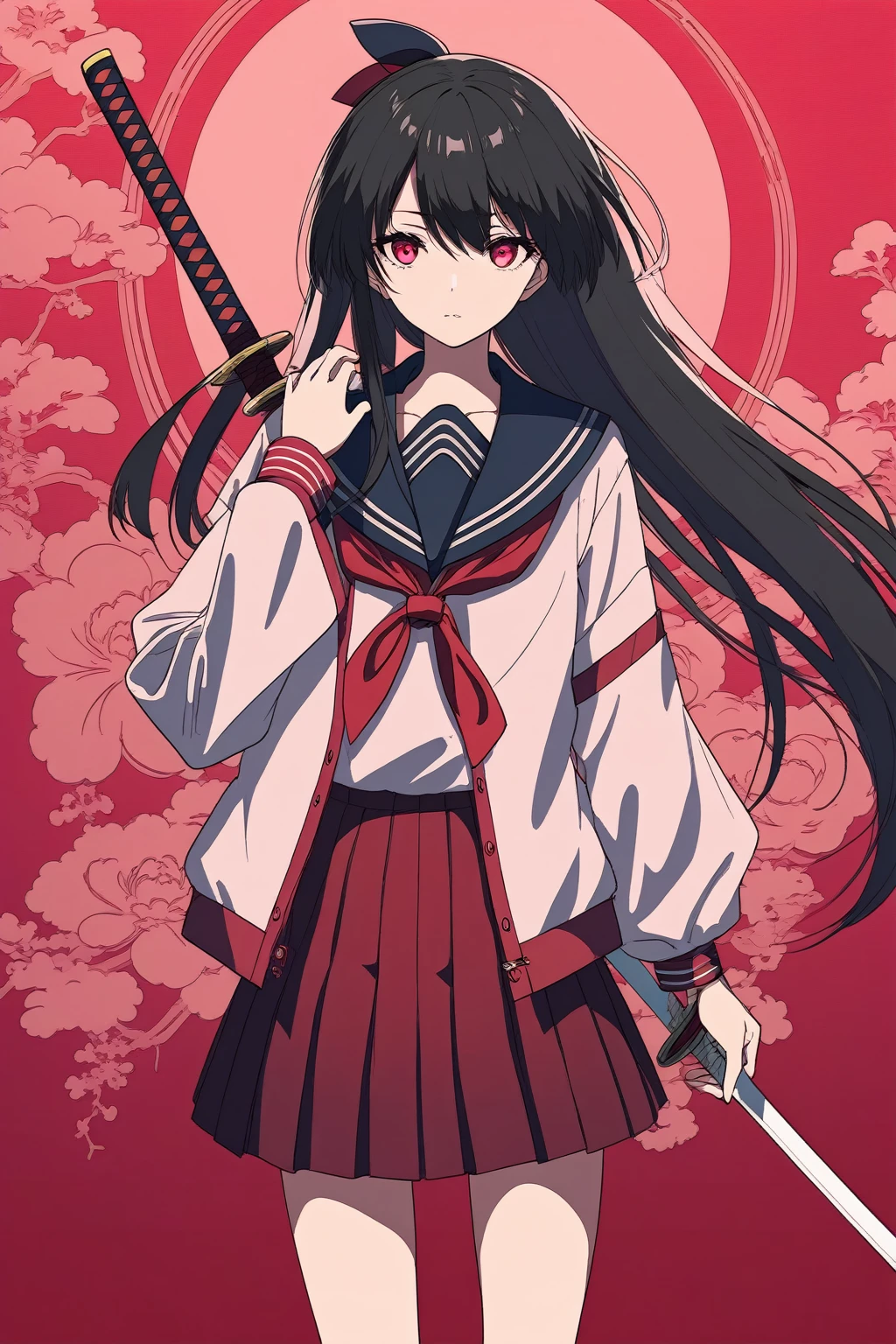 Beautiful anime portrait,Red monochrome，Oriental Wallpaper，Pink，Feeling，very anime style，Sailor Suit，whole body，Soft Light，Rich in details，Sad expression，leg ring decoration，Background blur，Vivid colors，情Feeling深沉，front，Standing posture，Samurai sword