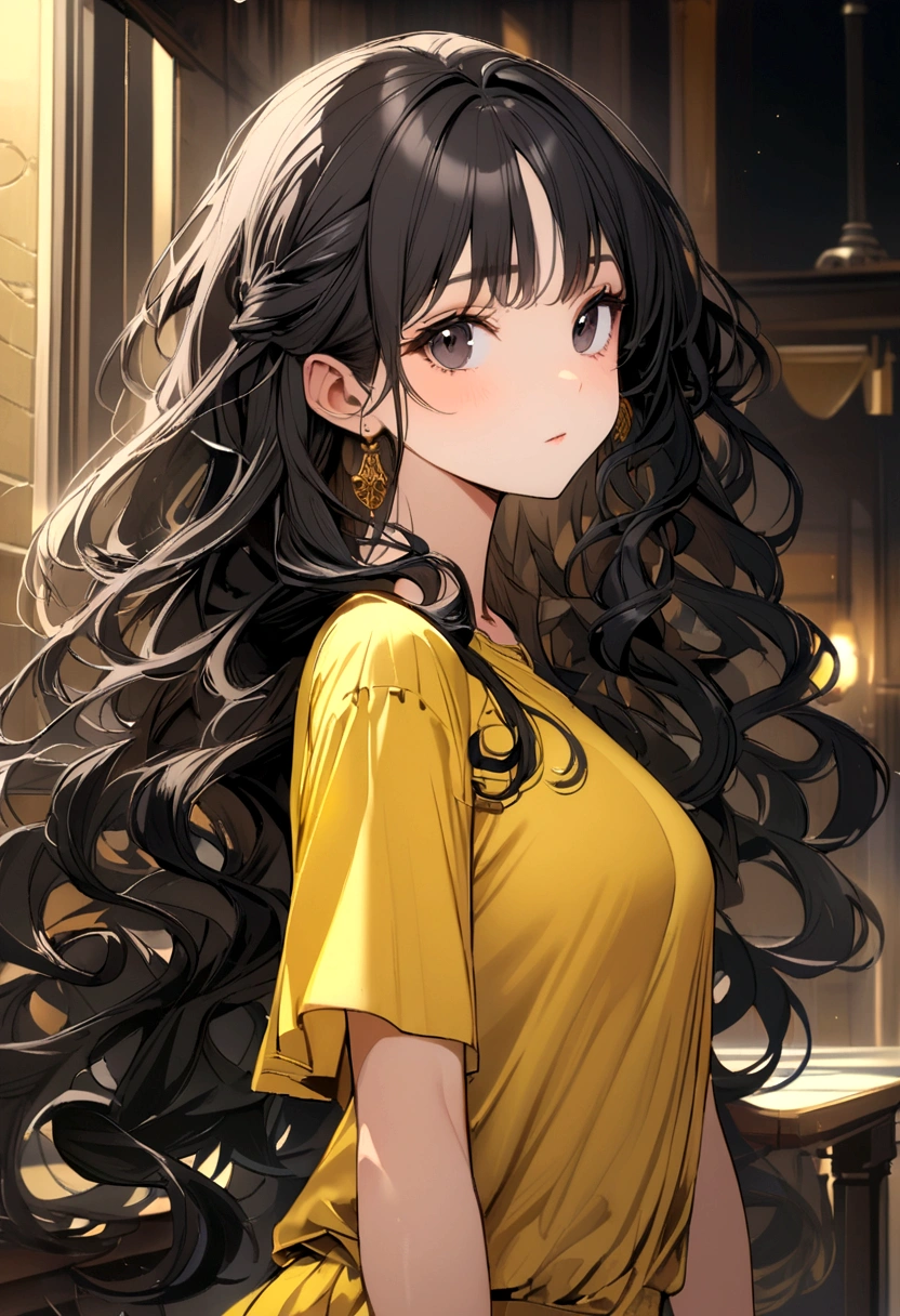 black hair girl, long curly hair, yellow glasses, black eyes, yellow t-shirt
