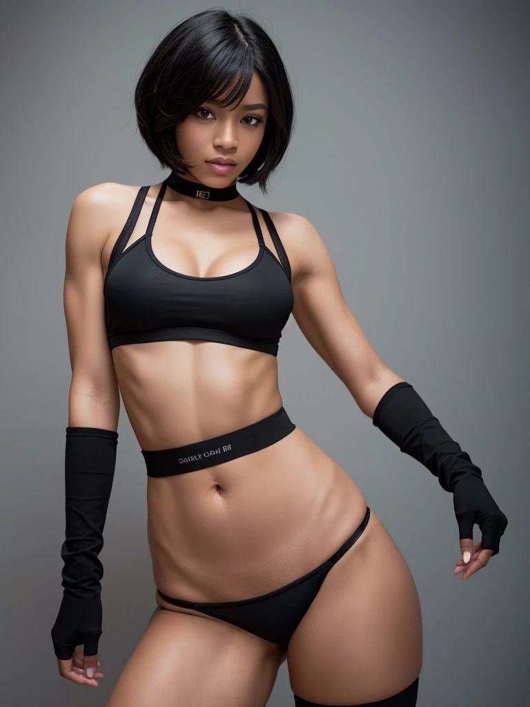 Black woman, Short hair, big breasts, muscular body, black sports bra, black Thong Black knee socks, black long gloves Black choker 