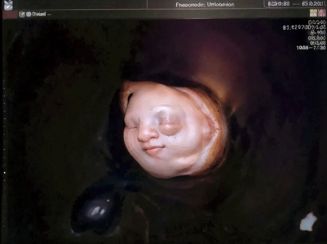 Enhance this 4D ultrasound image of a 32 weeks fetus. Arafed image of a baby's face, fetus, high-resolution scan, Very chromatic aberration, extremely high-quality scan, Hyper-realistic simulation, high-quality scan, Bump mapping, High-quality 3D realism, simetry! human fetus, Realistic flesh texture, Heavy JPEG artifact blurred, Highly realistic bump mapping, high-resolution scan. A close-up image of a head with an image of a 32 weeks fetus, high-resolution scan, high-resolution scan, Escaneo 4K, Escaneo 4K, Escaneo HD, fetus, Close - IP shot, Tapa de pantalla, Medical imaging, Highly coherent image, Detailed analysis, screen capture, extremely high-quality scan, 8K scan, 8K scan, Detailed screen capture. face in profile. eyes closed