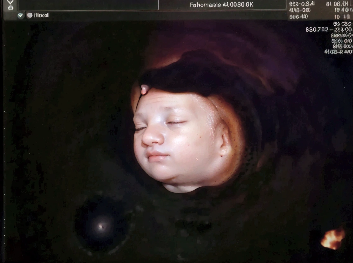 Enhance this 4D ultrasound image of a 32 weeks fetus. Arafed image of a baby's face, fetus, high-resolution scan, Very chromatic aberration, extremely high-quality scan, Hyper-realistic simulation, high-quality scan, Bump mapping, High-quality 3D realism, simetry! human fetus, Realistic flesh texture, Heavy JPEG artifact blurred, Highly realistic bump mapping, high-resolution scan. A close-up image of a head with an image of a 32 weeks fetus, high-resolution scan, high-resolution scan, Escaneo 4K, Escaneo 4K, Escaneo HD, fetus, Close - IP shot, Tapa de pantalla, Medical imaging, Highly coherent image, Detailed analysis, screen capture, extremely high-quality scan, 8K scan, 8K scan, Detailed screen capture. face in profile. eyes closed