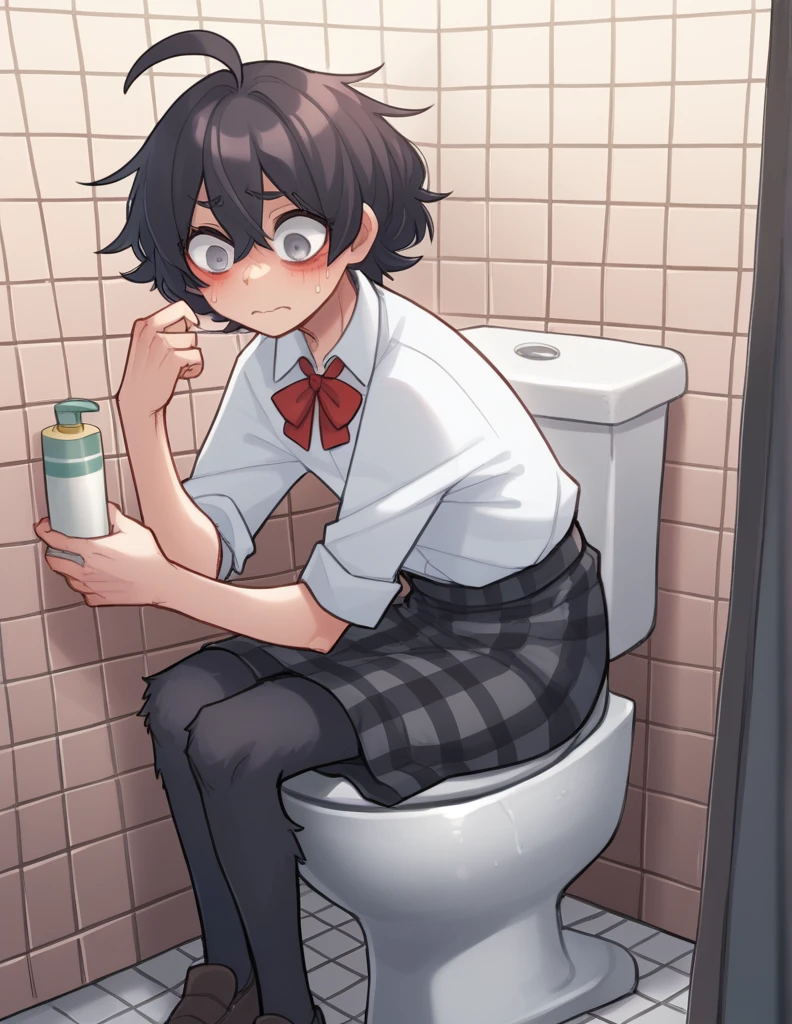 ppka, black fur, short hair, messy fur, Ahoge, parts, parts all over the body, grey eyes, blind, embarrassed look, 
plaid skirt, Dark gray skirt,  A white blouse, red bow, bathroom, bathrooms de la escuela, encerrada en un bathroom, sitting on a toilet, 