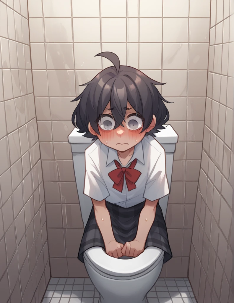 ppka, black fur, short hair, messy fur, Ahoge, parts, parts all over the body, grey eyes, blind, embarrassed look, 
plaid skirt, Dark gray skirt,  A white blouse, red bow, bathroom, bathrooms de la escuela, encerrada en un bathroom, sitting on a toilet, 