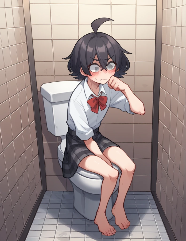 ppka, black fur, short hair, messy fur, Ahoge, parts, parts all over the body, grey eyes, blind, embarrassed look, 
plaid skirt, Dark gray skirt,  A white blouse, red bow, bathroom, bathrooms de la escuela, encerrada en un bathroom, sitting on a toilet, 