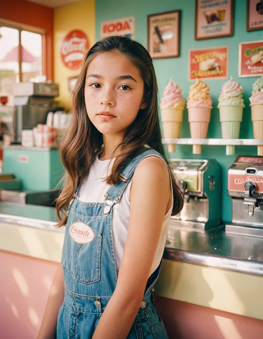 Portrait MagMix Girl looking at the camera, Long Hair, Overalls, A retro ice cream shop with pastel-colored walls, Classic Soda Fountain Counter, Vintage ice cream poster, bathed in warm sunlight, Analog Film Photography, Kodachrome,yo