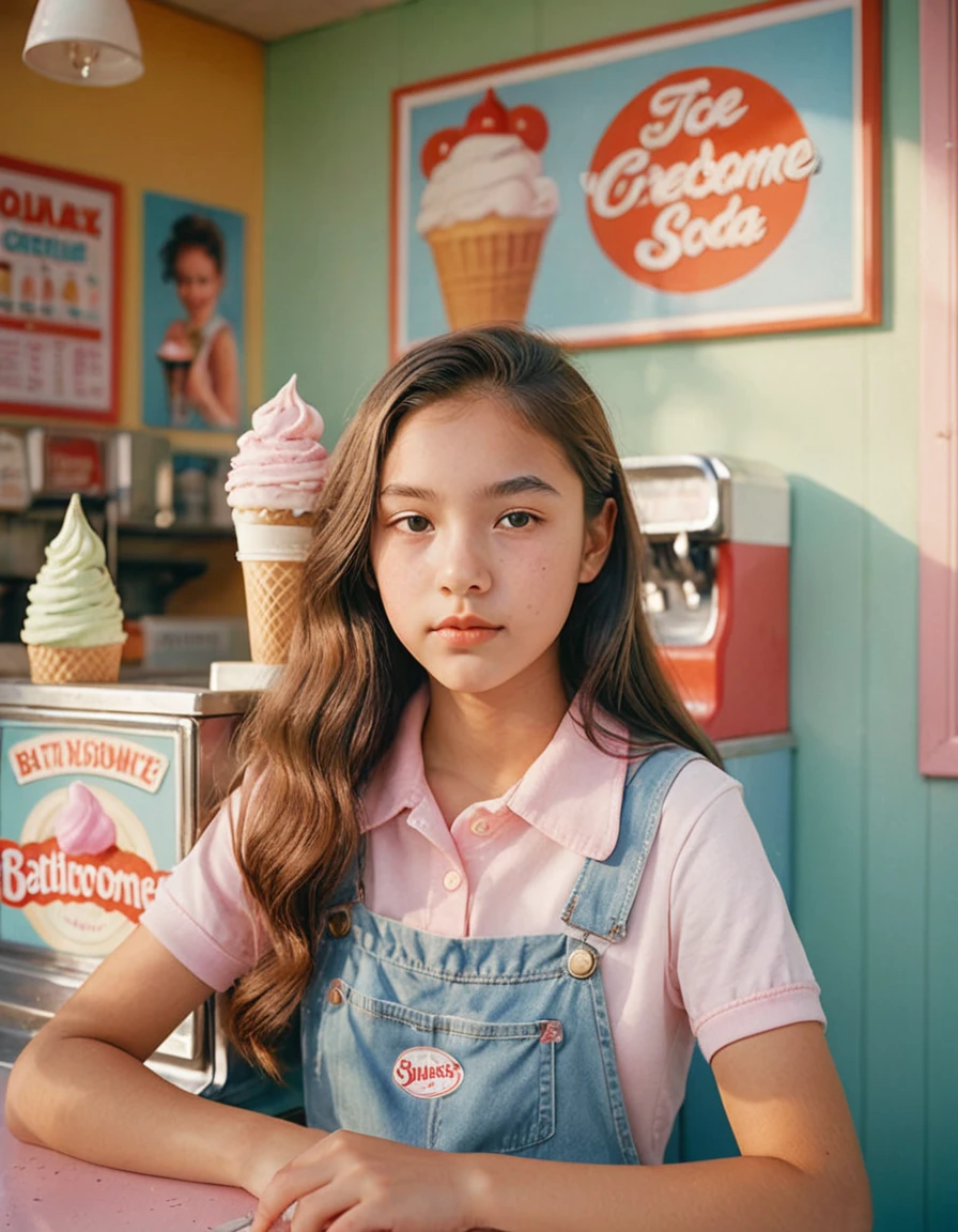 Portrait MagMix Girl looking at the camera, Long Hair, Overalls, A retro ice cream shop with pastel-colored walls, Classic Soda Fountain Counter, Vintage ice cream poster, bathed in warm sunlight, Analog Film Photography, Kodachrome,