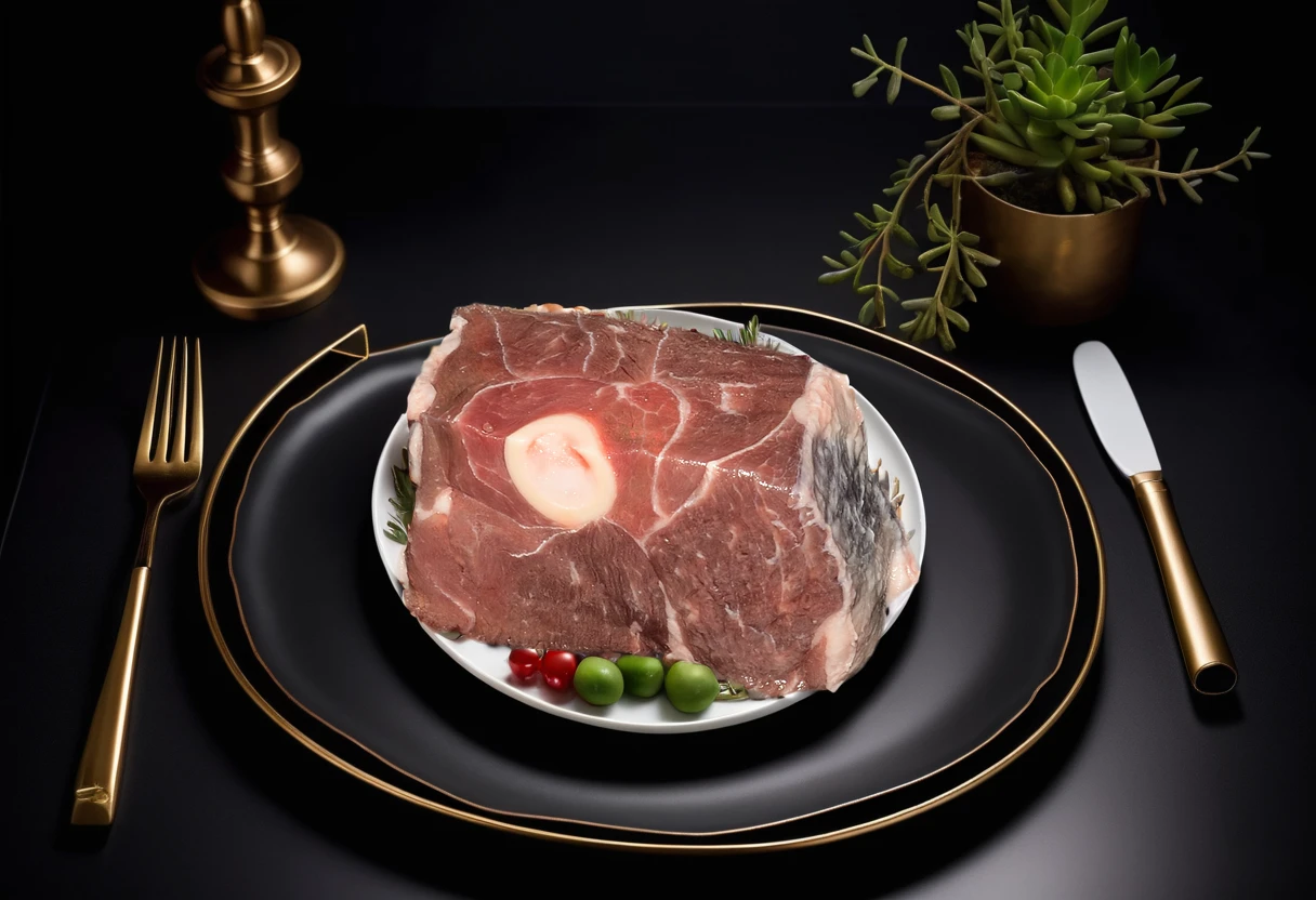 A succulent piece of meat is elegantly arranged on an exquisite white porcelain plate, set against the backdrop of a well-appointed kitchen. The plate features delicate patterns that add a touch of sophistication to the presentation
