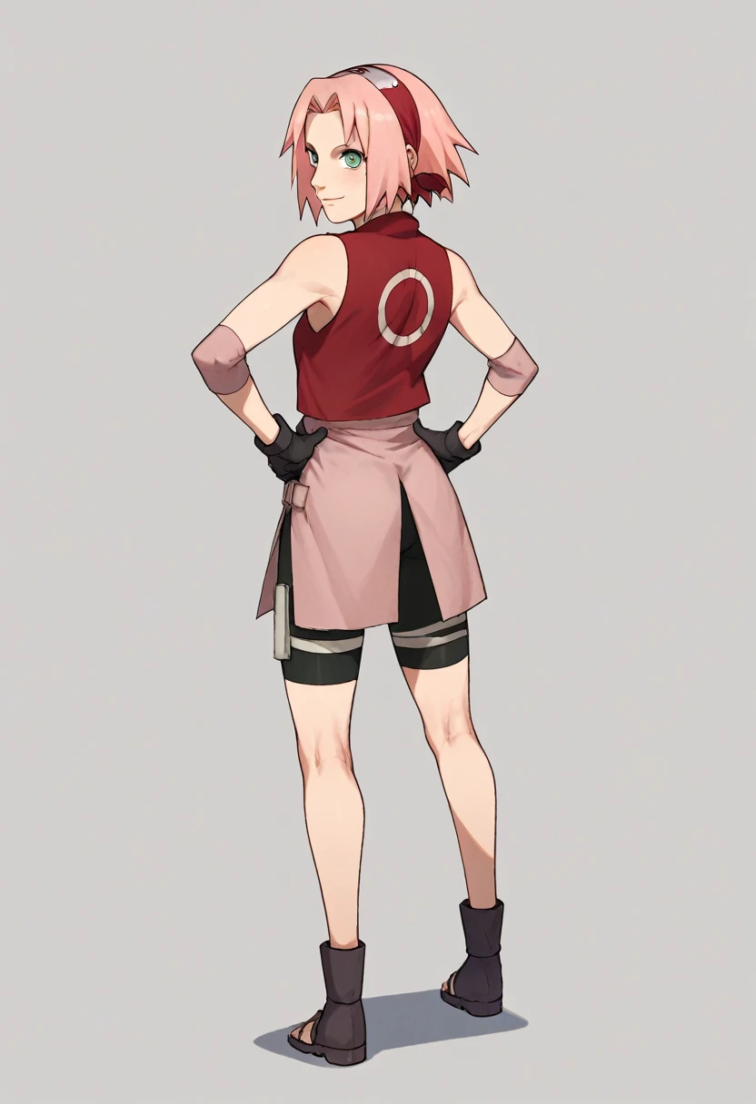 score_9, score_8_up, score_7_up, score_6_up, score_5_up, score_4_up, BREAK, source_anime,
1girl, haruno sakura, pink hair, short hair, green eyes, sleeveless, red shirt, forehead protector, bike shorts, shorts, black gloves,
hands on hips, smile, standing, full body, looking at viewer, back, ass, simple background, white background
 