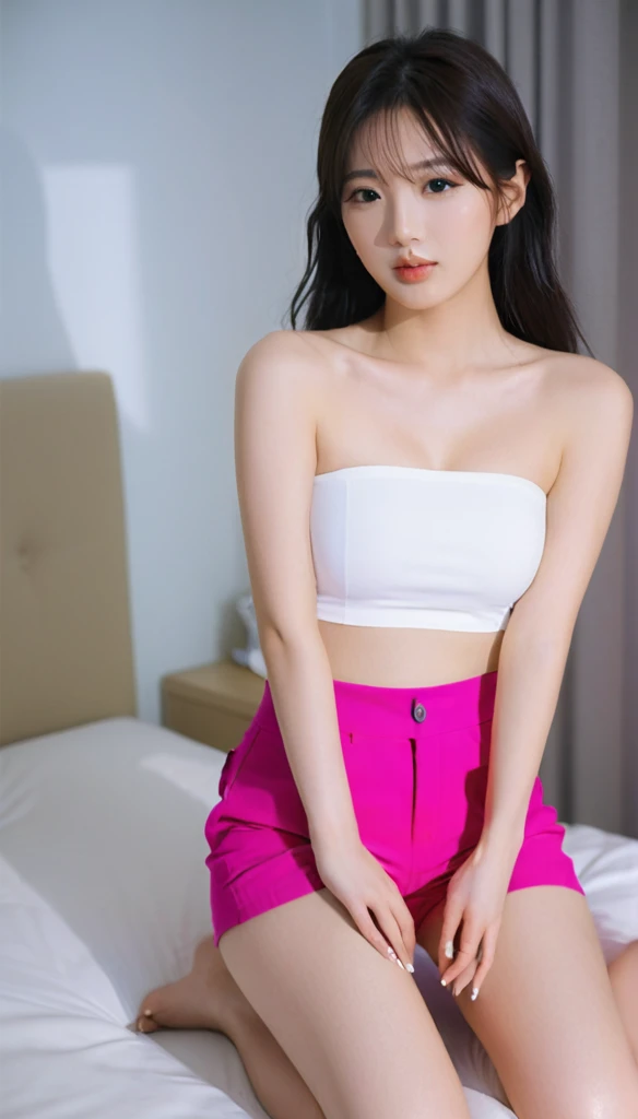 close-up of beautiful South Korean, An Yujin is a IVE South Korean pop girl group, age 20 years old girl, youthful face, perfect body, white body skin, very long hair, black hair, straight hair, 36 inches breasts size, wearing a plain hot pink strapless tube top, wearing a tight plain dark blue short pants, Yujin's clothes were cut off by my boyfriend using scissors from the tank top to the tube top to make Yujin sigh and tease, strand by strand Yujin's clothes fell because they had been cut, the rest of Yujin's clothes were scattered at the bottom because they had been cut, Yujin's clothes showed off her breasts because they were cut off by my boyfriend so that they looked more sexy and seductive, sexy looking pose, pose a naughty look, pose looks seductive, at the boyfriend bedroom, boyfriend bedroom background, UHD
