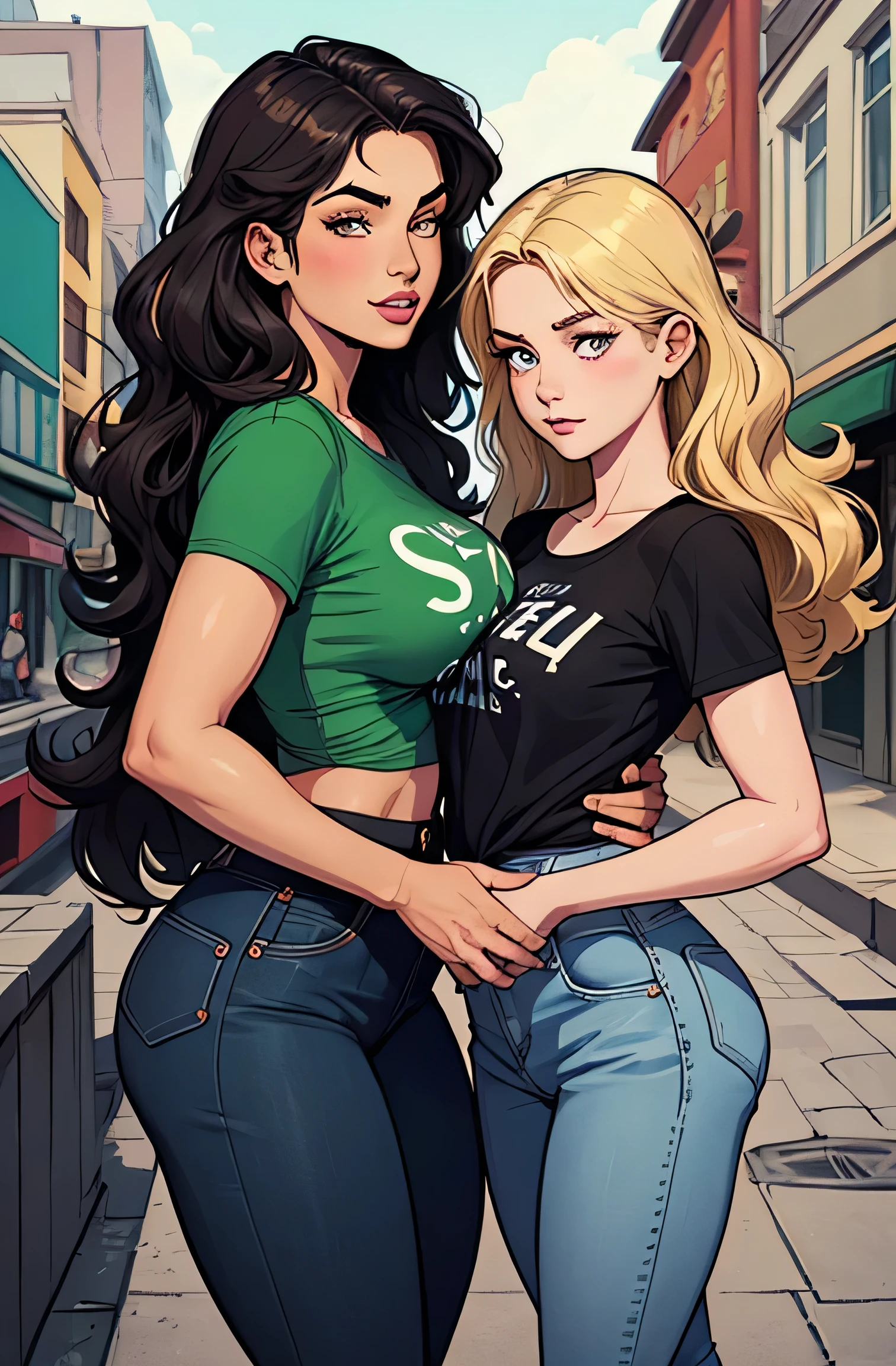 Beautiful portrait mode pose Cartoon character in dynamic pose two women together Larissa Manoela s om 1,60cm on the left and together with a symmetrical body and beautiful breasts, corpo bem definido, delicado e sensual, estilo de desenho animado, digital illustration Penelope Cruz Portrait mode 35 year old woman, very long blonde hair down to the waist and half curly with bangs, seios pequenos, olhos grandes com um brilho apaixonado, olhos verdes mel, Um lindo sorriso, wearing a long black t-shirt with a green feminine suit and jeans, in a serious and sweet comic-style pose, alta qualidade