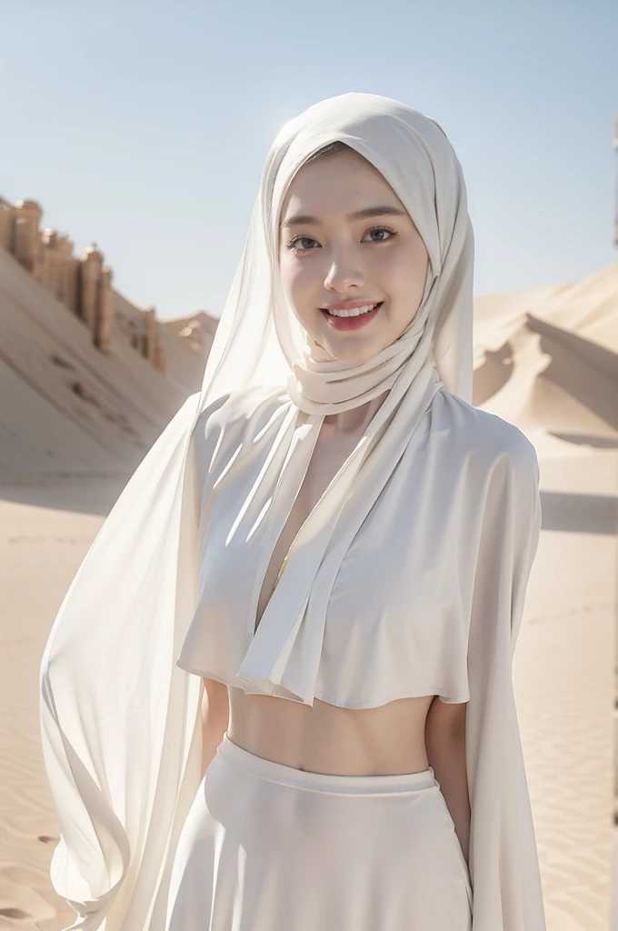 (((best quality))),(((ultra detailed))),(((masterpiece))),illustration,((A beautiful Muslim girl,solo)),((slim,thin)),summer,(in desert:1.3),white headscarf,(white abaya:1.3),(standing:1.3),(laughing:1.3),fair complexion,sun rays,gentle breeze,elegant attire,vast expanse,golden sand,azure sky,dunes,stillness,graceful elegance,(from front:1.3),(upper body:1.3),(small breasts:1.2),(flat chest:1.2),(arms behind back:1.2)