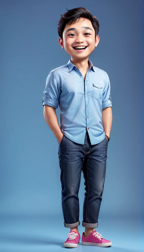 Create a realistic character 4D cartoon style full body with a big head, a 35 year old Indonesian man with a smile, a happy expression, his mouth slightly open, he has short hair, with silver on the top. He wore a pinkt over a blue shirt. The illustration should emphasize his happy smile, and friendly attitude.