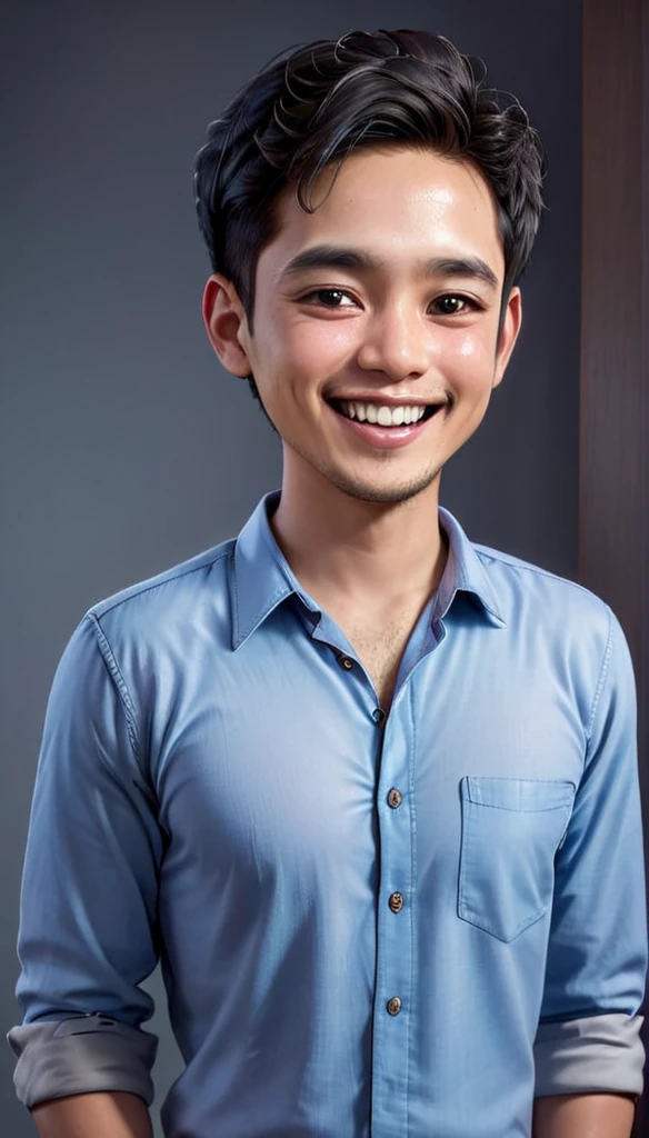 Create a realistic character 4D cartoon style full body with a big head, a 35 year old Indonesian man with a smile, a happy expression, his mouth slightly open, he has short hair, with silver on the top. He wore a pinkt over a blue shirt. The illustration should emphasize his happy smile, and friendly attitude.