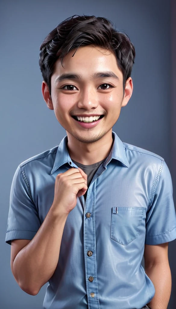 Create a realistic character 4D cartoon style full body with a big head, a 35 year old Indonesian man with a smile, a happy expression, his mouth slightly open, he has short hair, with silver on the top. He wore a pinkt over a blue shirt. The illustration should emphasize his happy smile, and friendly attitude.
