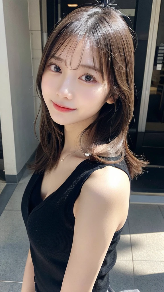randome pose、(top-quality,masterpiece:1.3,超A high resolution,),(Ultra-detail,Caustics),(Photorealsitic:1.4,RAW shooting,)Ultra-realistic capture,A highly detailed,High resolution 16K human skin closeup、 Skin texture is natural、、The skin looks healthy with an even tone、 Use natural light and color,1 girl,japanes,22year old,kawaii,A goid-hair,Middle hair,,smil,,(depth of fields、chromatic abberation、、Wide range of lighting、Natural Shading、)、Drawing with Office Lady、The background is Roppongi