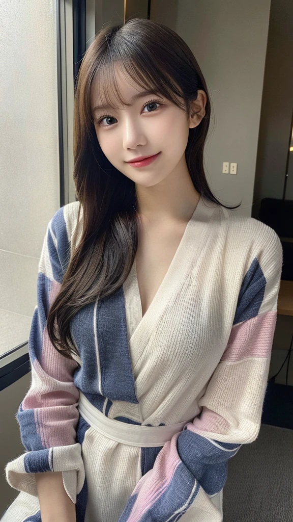 randome pose、(top-quality,​masterpiece:1.3,超A high resolution,),(Ultra-detail,Caustics),(Photorealsitic:1.4,RAW shooting,)Ultra-realistic capture,A highly detailed,High resolution 16K human skin closeup、 Skin texture is natural、、The skin looks healthy with an even tone、 Use natural light and color,1 girl,japanes,22year old,kawaii,A goid-hair,Middle hair,,smil,,(depth of fields、chromatic abberation、、Wide range of lighting、Natural Shading、)、Drawing with Office Lady、The background is Roppongi