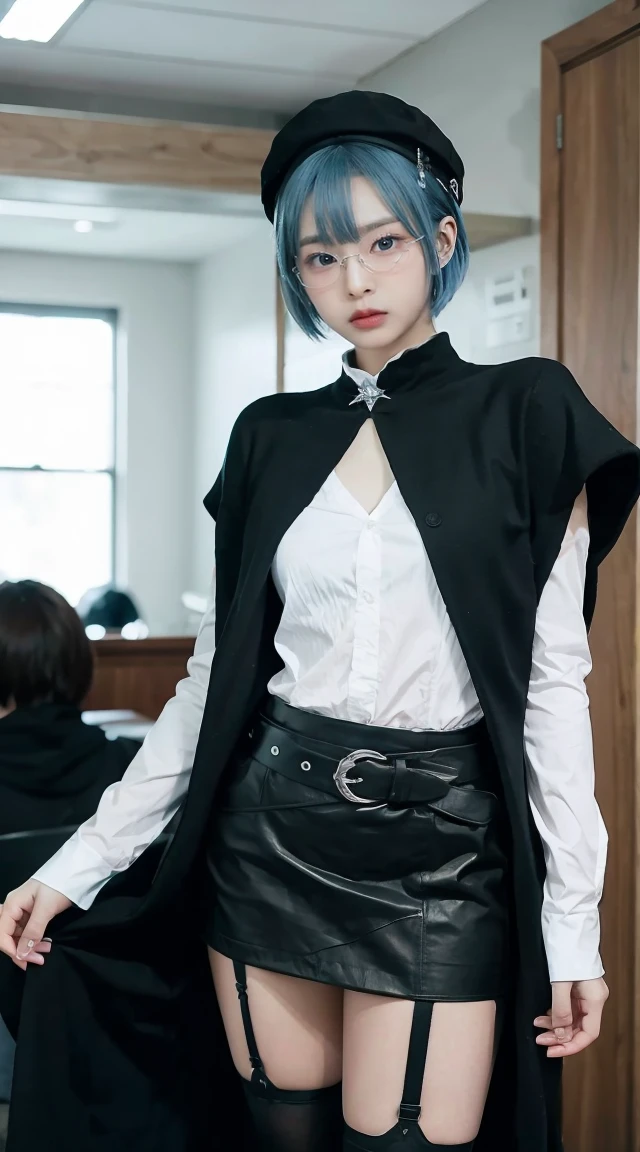 1girl, lillaevil, blue hair, blue eyes, short hair, black capelet, skirt, white pantyhose, blue demon wings, blue-tinted eyewear, mini hat,, indoors, hideout, many computer monitors, phantom thief hideout,, ,