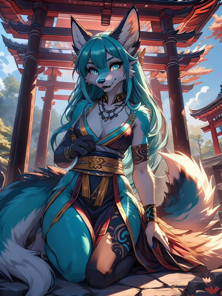 Miku Hatsune x vixen high definition good anatomy add_detail:1, blue fur,kitsune ears, tribal tattoo add_detail:1, cute girl add_detail:1, feudal priestess clothing add_detail:1, japanese shrine landscape add_detail:1, japanese shrine costume add_detail:1, add_detail:1, fullbody barefoot add_detail, highly detailed face, deep aqua iris add_detail:1 lighting eyes add_detail:3, wolf claws, sharp fangs add_detail:1, wild slut add_detail:1, barefoot add_detail:3