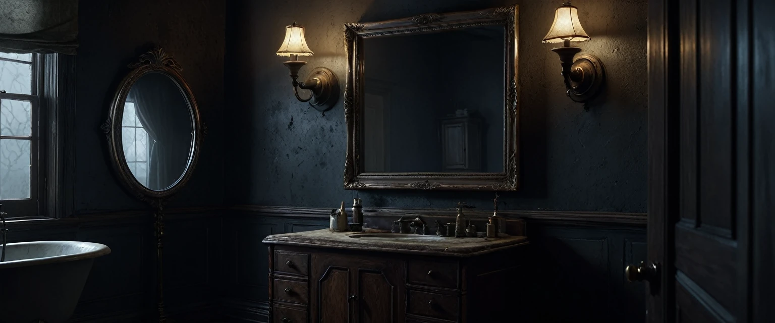 Picture a colonial bathroom bathed in the cold light of the full moon, streaming through a small, grime-covered window. The room is filled with antique fixtures, including a tarnished mirror and a rusted sink. Dark shadows and mysterious shapes loom in the corners, creating an unsettling atmosphere. (masterpiece, 8K, super realistic, super details, super focus, mystic, mysterious, no people)
