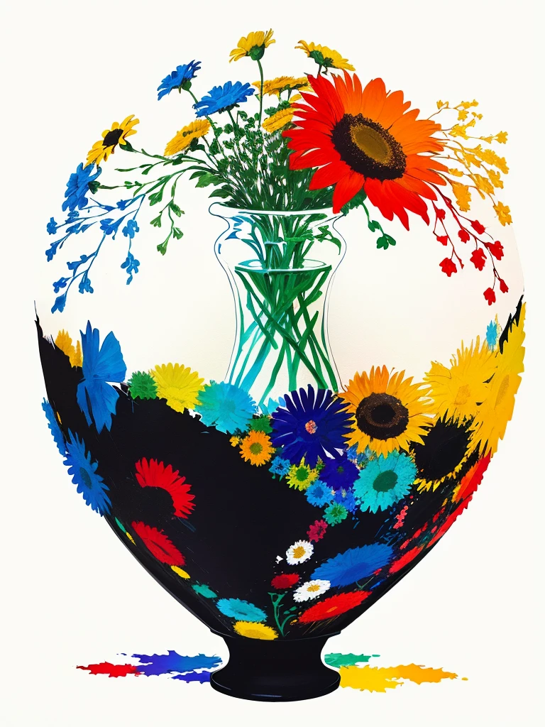 there is a painting of a vase with flowers in it, vase with flowers, inspired by Emil Nolde, colored paper collage, cut-out paper collage, tissue paper art, inspired by Jean Fautrier, inspired by Ellsworth Kelly, torn paper collage, inspired by Alma Thomas, inspired by Johannes Itten, inspired by Henri Matisse
