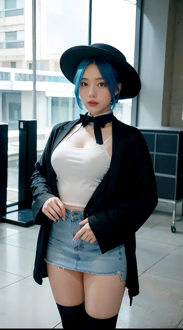 1girl, lillaevil, blue hair, blue eyes, short hair, black capelet, skirt, white pantyhose, blue demon wings, blue-tinted eyewear, mini hat,, indoors, hideout, many computer monitors, phantom thief hideout,, , 