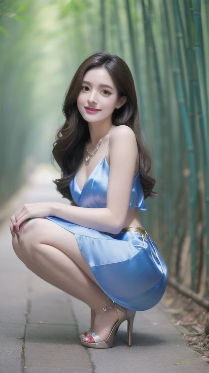 1 female々,（Standing:2.0）, （Legs straight：2.0）,（Height 2/3 is the feet:2.0）,white shiny skin, 25 years old, A small, Elegant face, Red lips, Open your mouth, ( Part your hair to one side:1.5), Brown eyes, Smile, Elegant young woman, Shiny black hair, Necklace,（Blue silk top :1.3)（White silk pleated skirt :1.3), (Blue high heels:1.2),  Natural wavy hair, Almond eyes,fit, Tight waist, Small butt, , Beautiful hands, Narrow shoulders, View here, Bamboo forest during the day