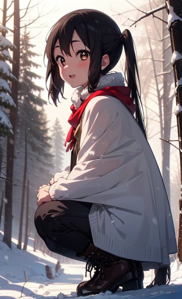 teeth, Azusa Nakano, Black Hair, (Brown eyes:1.5), Long Hair, ,Twin tails,smile,smile,blush,White Breath,
Open your mouth,snow,Ground bonfire,, Outdoor, boots, snowing, From the side, wood, suitcase, Cape, Blurred, , forest, White handbag, nature, Squat, Mouth closed, Cape, winter, Written boundary depth, Black shoes, red Cape break looking at viewer, Upper Body, whole body, break Outdoor, forest, nature, break (masterpiece:1.2), Highest quality, High resolution, unity 8k wallpaper, (shape:0.8), (Beautiful and beautiful eyes:1.6), Highly detailed face, Perfect lighting, Highly detailed CG, (Perfect hands, Perfect Anatomy),