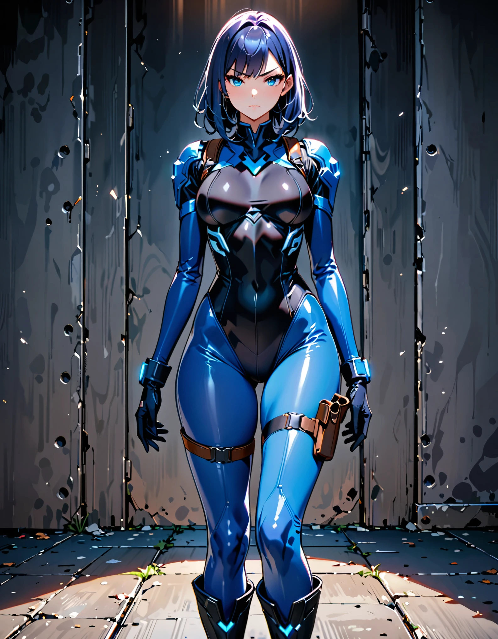 masterpiece, highly detailed, best quality, high quality, 1girl, (solo, solo focus), beautiful detailed eyes, beautiful detailed face, (perfect hands, complete fingers), perfect anatomy, perfect proportions, detailed shadows, detailed light, (blue skintight bodysuit, (black leotard), shoulder holster), (full blue pantyhose, skintight blue leggings, perfect fit), matching boots, full body, serious, full body costume design