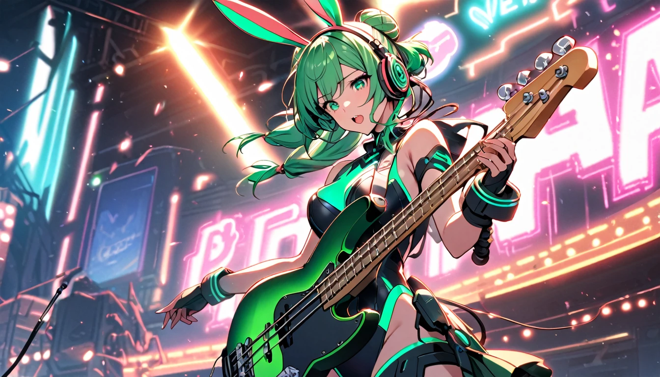 Beautiful girl, single, hair tied in two buns, green hair, glowing wires. Wear a half-hat, headphones, bunny ears, and a neon sci-fi robot leotard. Behind it is a robot with neon lights. The background image is a large robot clearly visible, on stage holding a bass and singing.