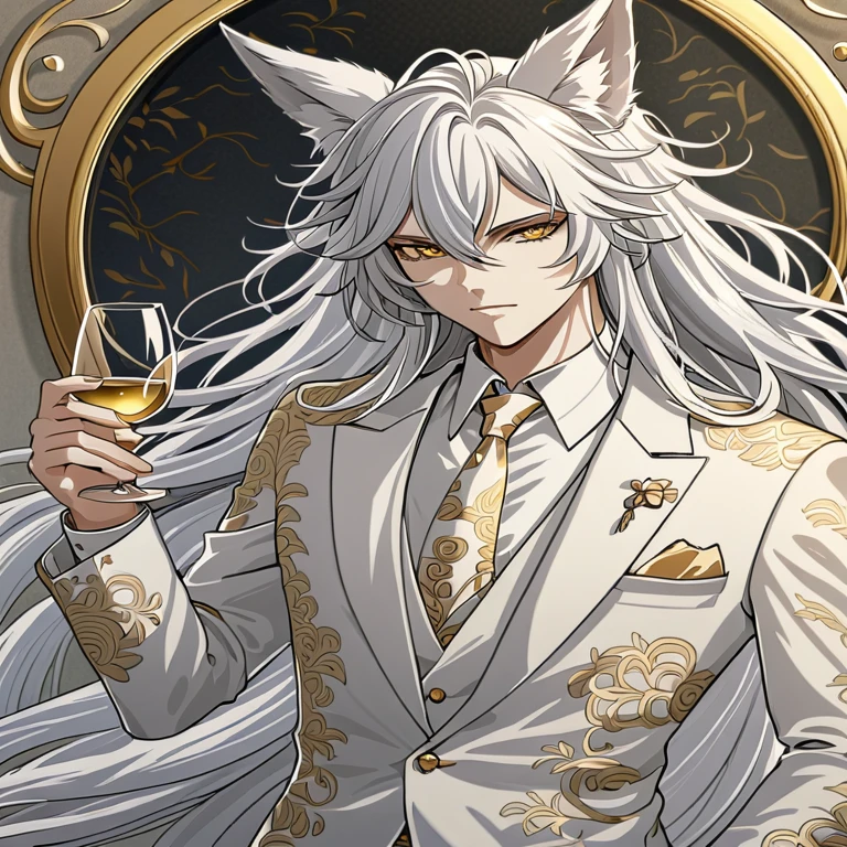 ((Best quality)), ((masterpiece)), (detailed), ((perfect face))、a man,  Silver-haired male character。She has long flowing hair and piercing golden eyes.。It has white fox ears on its head。
expression: A serious expression。
He was wearing a gorgeous host-style suit.、Holding a wine glass in one hand。The suit is detailed、Contains intricate patterns and textures。
 The colour scheme is based on white and gold.、Detailed shading on the character&#39;s hair and suit。
background: The background is simple and all white.、Designed to highlight character details。
 In an anime-style style、It features delicate linework and soft shading.。It has realistic yet stylish elements.、Subtle gradients and textures are used。
The character exudes a calm and collected atmosphere.、It gives a slightly mysterious and fantastical impression.。