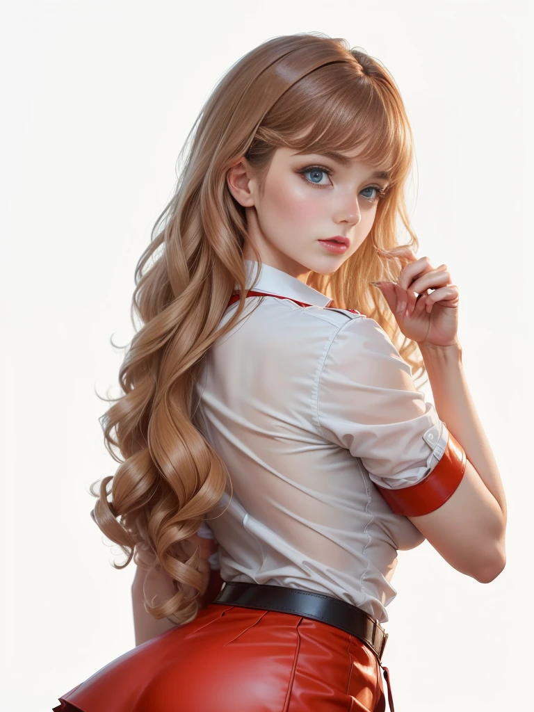 ,(Ultra-fine face),Light shines through facial and body details,, Natural posture.Extremely detailed eyes,Virtual Reality Photos,Professional photography,Detailed woman's face looking at the camera, blue eyes, (brown curly hair: 1.2), bangs, flight attendant, flight attendant uniform, red tight leather skirt, light and shadow, sunlight shining on the body, correcting deformed fingers, realistic, sharp eyes, ((eyes looking at the camera))，1 female、(Super beautiful)、(Pretty Face:1.5)、(A European stewardess1.5)、(Brown curly hair1.2)、(bangs:1.1)、(Red leather skirt:1.1)、(Flight attendant uniform)、(Tailored Jackets)、(Solid Navy Mini Skirt)、(Brown wavy hair:1.2)、High heel、(Dark Makeup)，Smooth and delicate skin，Sweat on the skin，(Masterpiece: 1.4), (8000, Realism, RAW photo, best quality: 1.4), (1 girl), beautiful face, (lifelike face: 1.4), (brown wavy roll: 1.3), beautiful hair style, beautiful and meticulous eyes, (best proportion eyes: 1.5), attractive, ultra-high resolution, Surrealism, very detailed, best aspect ratio, (meticulous face: 1.4), looking at the audience, red lipstick, (best finger proportion: 1.5), (a beautiful stewardess looking at the camera), [(18 years), whole body, (lifelike blue eyes: 1.2), (strength display In describing the behavior of female superman, (very good, very good: 1.4),