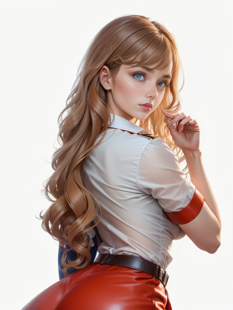 ,(Ultra-fine face),Light shines through facial and body details,, Natural posture.Extremely detailed eyes,Virtual Reality Photos,Professional photography,Detailed woman's face looking at the camera, blue eyes, (brown curly hair: 1.2), bangs, flight attendant, flight attendant uniform, red tight leather skirt, light and shadow, sunlight shining on the body, correcting deformed fingers, realistic, sharp eyes, ((eyes looking at the camera))，1 female、(Super beautiful)、(Pretty Face:1.5)、(A European stewardess1.5)、(Brown curly hair1.2)、(bangs:1.1)、(Red leather skirt:1.1)、(Flight attendant uniform)、(Tailored Jackets)、(Solid Navy Mini Skirt)、(Brown wavy hair:1.2)、High heel、(Dark Makeup)，Smooth and delicate skin，Sweat on the skin，(Masterpiece: 1.4), (8000, Realism, RAW photo, best quality: 1.4), (1 girl), beautiful face, (lifelike face: 1.4), (brown wavy roll: 1.3), beautiful hair style, beautiful and meticulous eyes, (best proportion eyes: 1.5), attractive, ultra-high resolution, Surrealism, very detailed, best aspect ratio, (meticulous face: 1.4), looking at the audience, red lipstick, (best finger proportion: 1.5), (a beautiful stewardess looking at the camera), [(18 years), whole body, (lifelike blue eyes: 1.2), (strength display In describing the behavior of female superman, (very good, very good: 1.4),