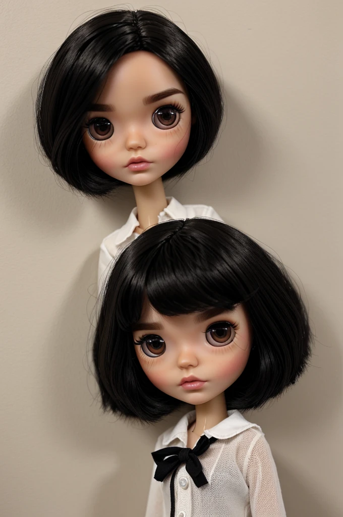 Make a blythe doll whith straight black hair and brown eyes and a lot of eyebrow and eyelashes