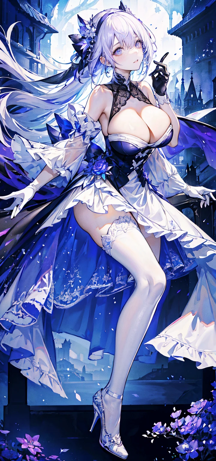 ((masterpiece:1.4,best quality)),(Super detailed),(Extremely detailed eyes),(Shiny socks:1.5),Hello Darkness
(Cute girls),,(Blood-red pupils,Diamond-shaped pupil:1.15),Purple Eyeshadow,(elongated hair,Thick hair,Single ponytail,shiny hair:1.5)(Changes through:1.2),despair,sad,Empty eyes,tears streaming down my face,tilting its head to the side,
(She wore a blue dress,:1.5),(Black gloves:1.4)Very long plush sleeves,White,White Cloud,Dream bubbles ,Ice and glitter effects
(Black long skirt:1.1),
((Starry Sky:1.2)),
(Intense black and white:1.16),(Depth of Field:1.4),,Intricate details,(((Detailed background,Castle in the Sky,Purple flowers by the lake))),(((Huge breasts,Bare breasts,Deep cleavage,White stiletto high heels,Transparent clothes)))