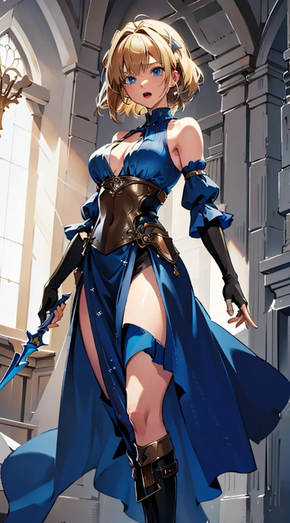 masterpiece,best quality,High resolution,1 Girl,movie lighting,dramaticangle,Depth of Field,Blonde hair,blue eyes,Hair accessories,Clothing 1,clavicle,Bare shoulders,Separate sleeves,long skirt,Breastplate,High Leg Raise,Thick thighs,Gloves,boots,banner,Keep,sunrise,dawn,Flock,sunlight,open mouth,victory,A symbol of hope,sword,Serious,Holding a spear,portrait,Classical European Background