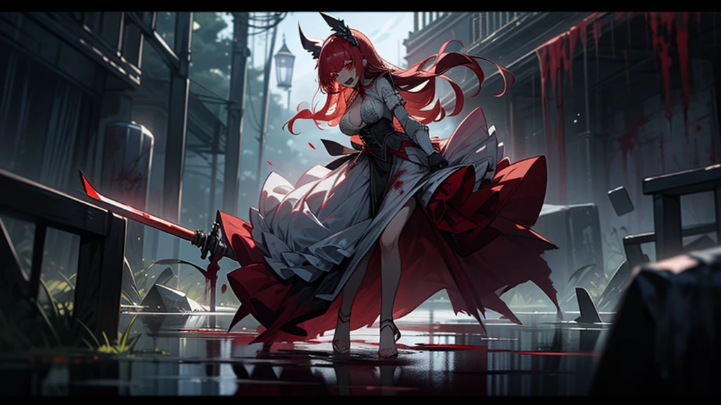 weird atmosphere, (best quality:1.1), (masterpiece:1.2), high quality shadow, beautiful detailed, (high detailed skin, skin details), (wide landscape, 8k), depth of field, highres, best illumination, (sexy), outdoors, blurry background, HD hair, beautiful face, perfect skin, red hair, long hair, (big breasts), blood particles, (night), sharp teeth, glowing red eyes, blood on face, blood on clothes, blood splashing, female knight kneel in the war fields, white dress, leavage, stocking, high heels, close to viewer, gripping blue flame sword, heavy rain, in the grassland, foggy, wet body, wet hair, hair fluttering
